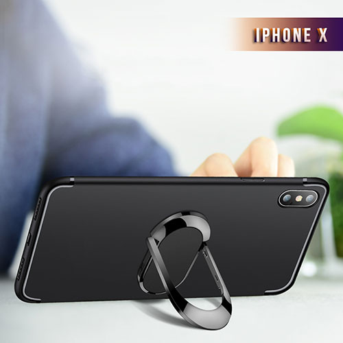 Ultra-thin Transparent Gel Soft Case with Finger Ring Stand R01 for Apple iPhone Xs Black