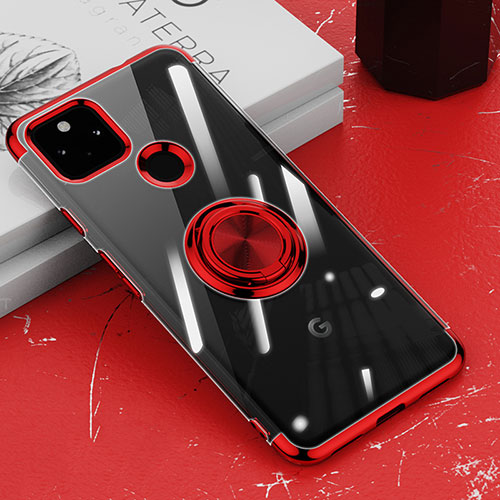 Ultra-thin Transparent TPU Soft Case Cover with Magnetic Finger Ring Stand AN1 for Google Pixel 5a 5G Red