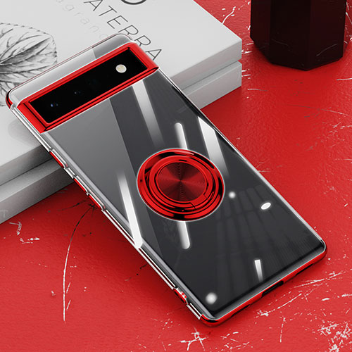 Ultra-thin Transparent TPU Soft Case Cover with Magnetic Finger Ring Stand AN1 for Google Pixel 6a 5G Red