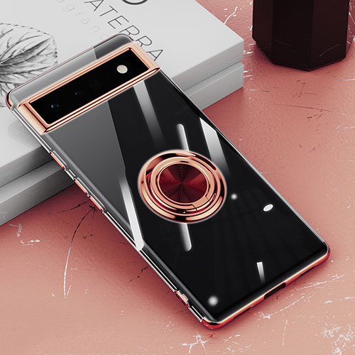 Ultra-thin Transparent TPU Soft Case Cover with Magnetic Finger Ring Stand AN1 for Google Pixel 6a 5G Rose Gold