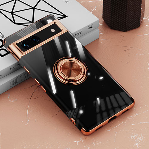 Ultra-thin Transparent TPU Soft Case Cover with Magnetic Finger Ring Stand AN1 for Google Pixel 7a 5G Rose Gold