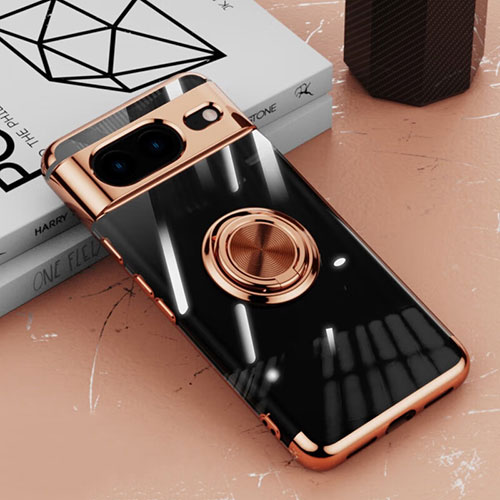 Ultra-thin Transparent TPU Soft Case Cover with Magnetic Finger Ring Stand AN1 for Google Pixel 8 5G Rose Gold