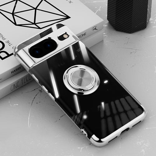 Ultra-thin Transparent TPU Soft Case Cover with Magnetic Finger Ring Stand AN1 for Google Pixel 8 5G Silver