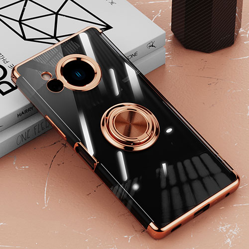 Ultra-thin Transparent TPU Soft Case Cover with Magnetic Finger Ring Stand AN1 for Sharp Aquos R8 Rose Gold