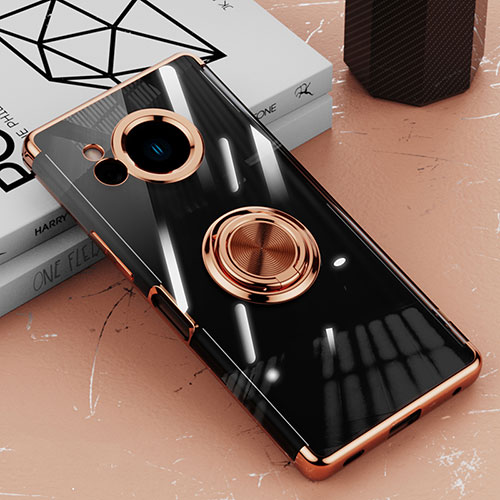 Ultra-thin Transparent TPU Soft Case Cover with Magnetic Finger Ring Stand AN1 for Sharp Aquos R8s Rose Gold