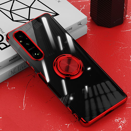 Ultra-thin Transparent TPU Soft Case Cover with Magnetic Finger Ring Stand AN1 for Sony Xperia 1 V Red