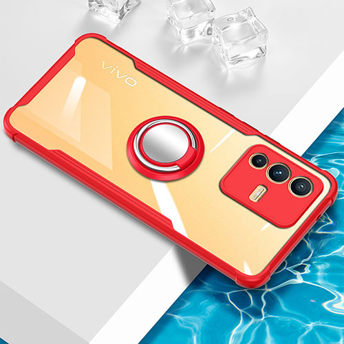 Ultra-thin Transparent TPU Soft Case Cover with Magnetic Finger Ring Stand BH1 for Vivo V23 5G Red