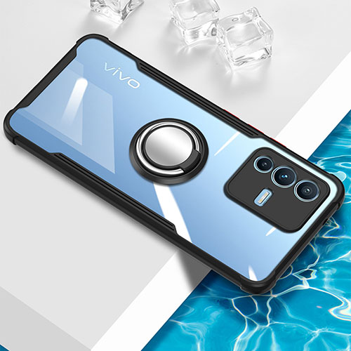 Ultra-thin Transparent TPU Soft Case Cover with Magnetic Finger Ring Stand BH1 for Vivo V23 Pro 5G Black