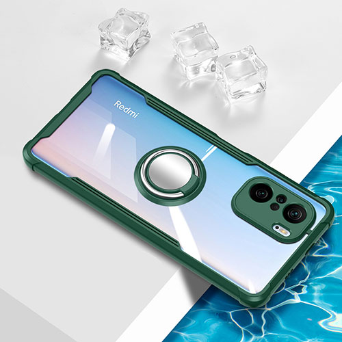 Ultra-thin Transparent TPU Soft Case Cover with Magnetic Finger Ring Stand BH1 for Xiaomi Poco F3 5G Green