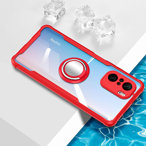 Ultra-thin Transparent TPU Soft Case Cover with Magnetic Finger Ring Stand BH1 for Xiaomi Poco F3 5G Red