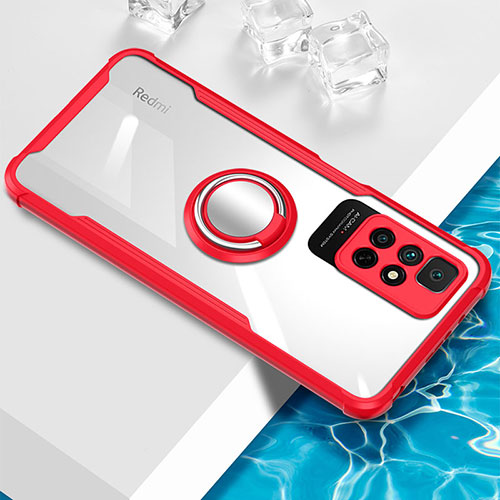 Ultra-thin Transparent TPU Soft Case Cover with Magnetic Finger Ring Stand BH1 for Xiaomi Poco M4 Pro 5G Red