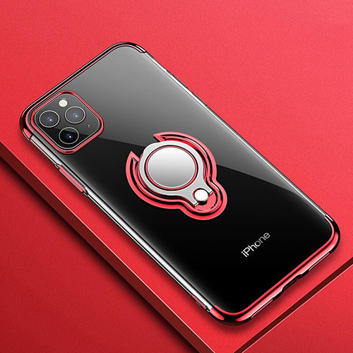 Ultra-thin Transparent TPU Soft Case Cover with Magnetic Finger Ring Stand C01 for Apple iPhone 11 Pro Red