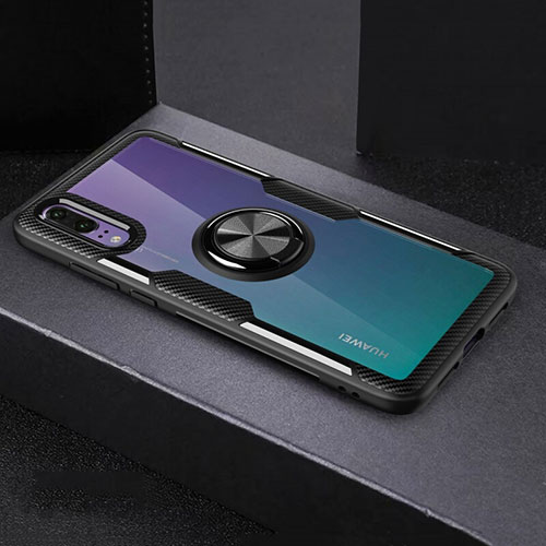 Ultra-thin Transparent TPU Soft Case Cover with Magnetic Finger Ring Stand C01 for Huawei P20 Black