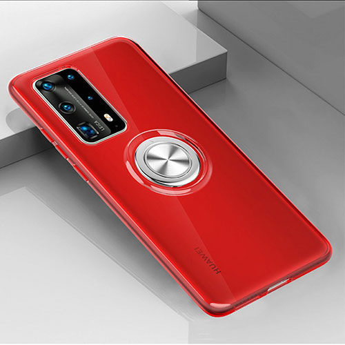 Ultra-thin Transparent TPU Soft Case Cover with Magnetic Finger Ring Stand C01 for Huawei P40 Pro+ Plus Red