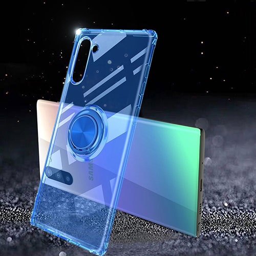 Ultra-thin Transparent TPU Soft Case Cover with Magnetic Finger Ring Stand C01 for Samsung Galaxy Note 10 Blue