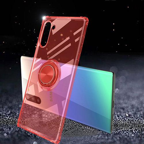 Ultra-thin Transparent TPU Soft Case Cover with Magnetic Finger Ring Stand C01 for Samsung Galaxy Note 10 Red