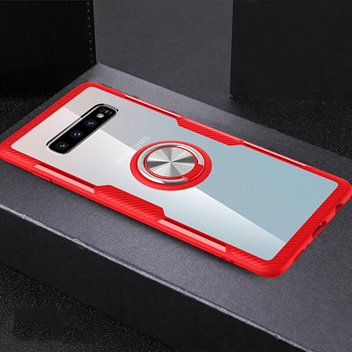 Ultra-thin Transparent TPU Soft Case Cover with Magnetic Finger Ring Stand C01 for Samsung Galaxy S10 Plus Red