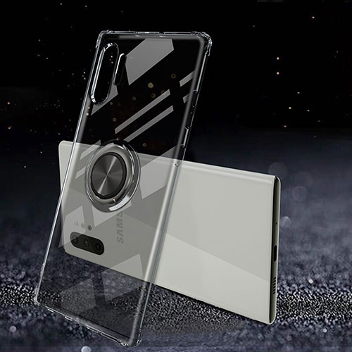 Ultra-thin Transparent TPU Soft Case Cover with Magnetic Finger Ring Stand C02 for Samsung Galaxy Note 10 Plus Black