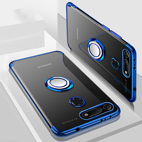 Ultra-thin Transparent TPU Soft Case Cover with Magnetic Finger Ring Stand C03 for Huawei Honor V20 Blue