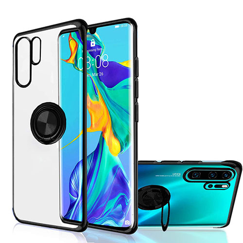 Ultra-thin Transparent TPU Soft Case Cover with Magnetic Finger Ring Stand C04 for Huawei P30 Pro Black