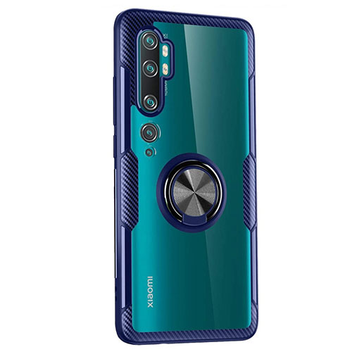 Ultra-thin Transparent TPU Soft Case Cover with Magnetic Finger Ring Stand D02 for Xiaomi Mi Note 10 Blue