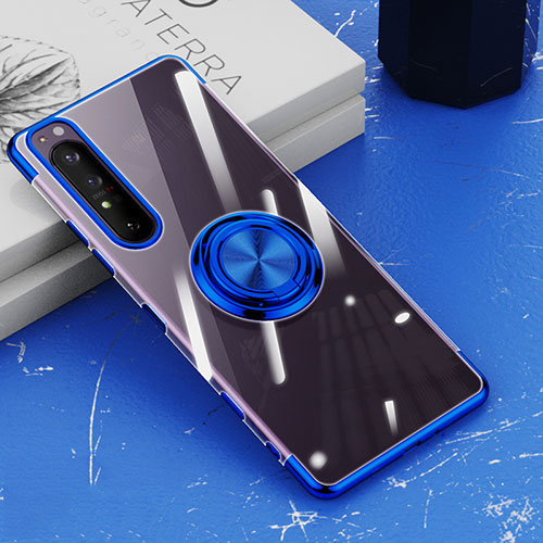 Ultra-thin Transparent TPU Soft Case Cover with Magnetic Finger Ring Stand for Sony Xperia 1 III Blue