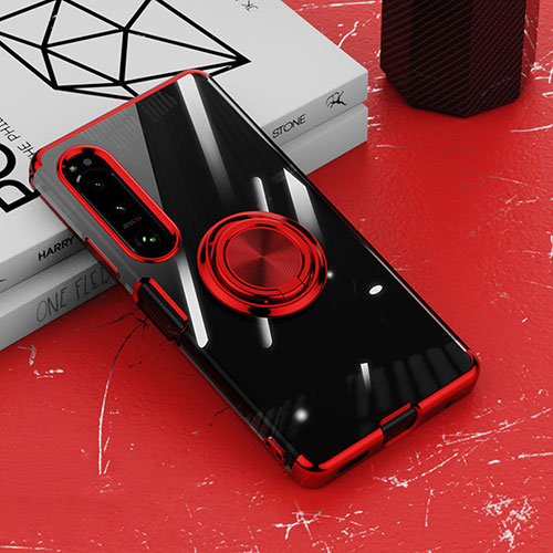 Ultra-thin Transparent TPU Soft Case Cover with Magnetic Finger Ring Stand for Sony Xperia 1 IV Red