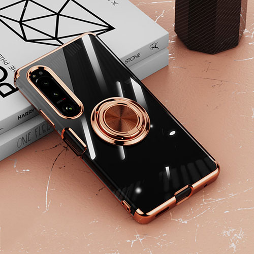 Ultra-thin Transparent TPU Soft Case Cover with Magnetic Finger Ring Stand for Sony Xperia 1 IV Rose Gold