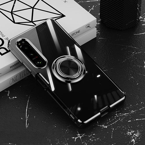 Ultra-thin Transparent TPU Soft Case Cover with Magnetic Finger Ring Stand for Sony Xperia 1 IV SO-51C Black