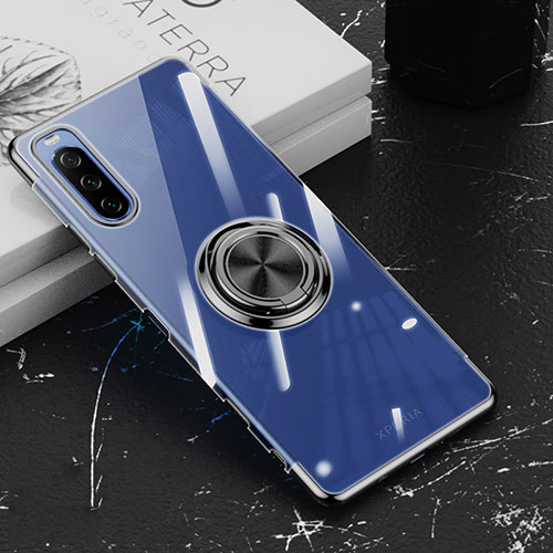 Ultra-thin Transparent TPU Soft Case Cover with Magnetic Finger Ring Stand for Sony Xperia 10 III Lite Black
