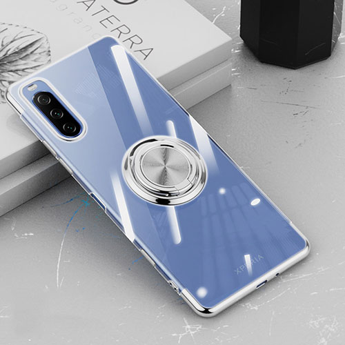 Ultra-thin Transparent TPU Soft Case Cover with Magnetic Finger Ring Stand for Sony Xperia 10 III SO-52B Silver