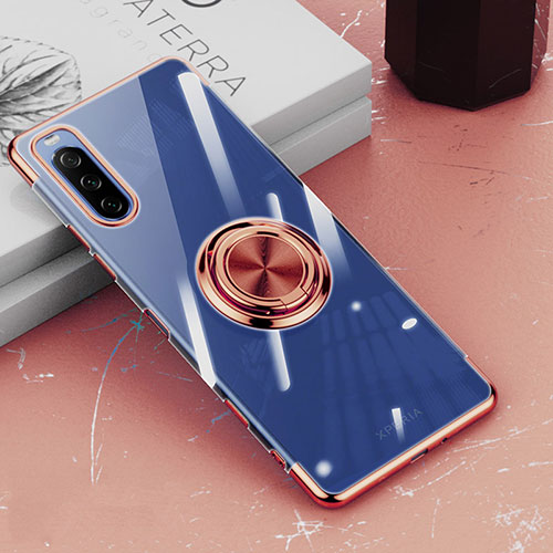 Ultra-thin Transparent TPU Soft Case Cover with Magnetic Finger Ring Stand for Sony Xperia 10 III SOG04 Rose Gold