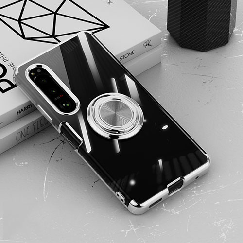 Ultra-thin Transparent TPU Soft Case Cover with Magnetic Finger Ring Stand for Sony Xperia 10 IV SO-52C Silver