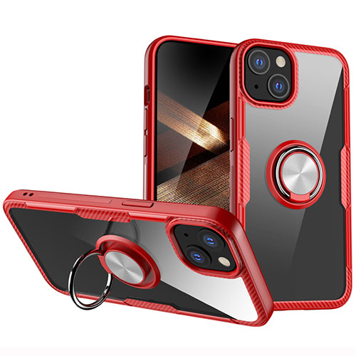 Ultra-thin Transparent TPU Soft Case Cover with Magnetic Finger Ring Stand S01 for Apple iPhone 15 Plus Red