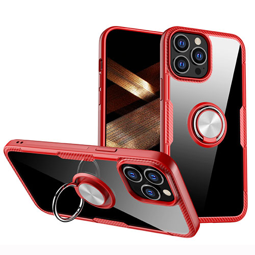 Ultra-thin Transparent TPU Soft Case Cover with Magnetic Finger Ring Stand S01 for Apple iPhone 15 Pro Red