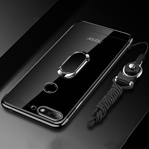 Ultra-thin Transparent TPU Soft Case Cover with Magnetic Finger Ring Stand S01 for Huawei Honor 7A Black