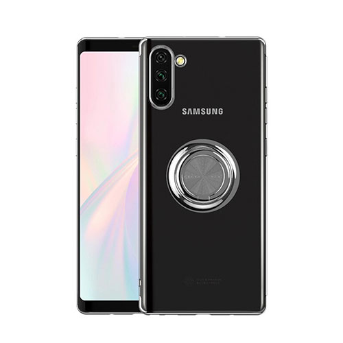 Ultra-thin Transparent TPU Soft Case Cover with Magnetic Finger Ring Stand S01 for Samsung Galaxy Note 10 Silver