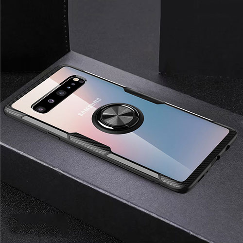 Ultra-thin Transparent TPU Soft Case Cover with Magnetic Finger Ring Stand S01 for Samsung Galaxy S10 5G SM-G977B Black