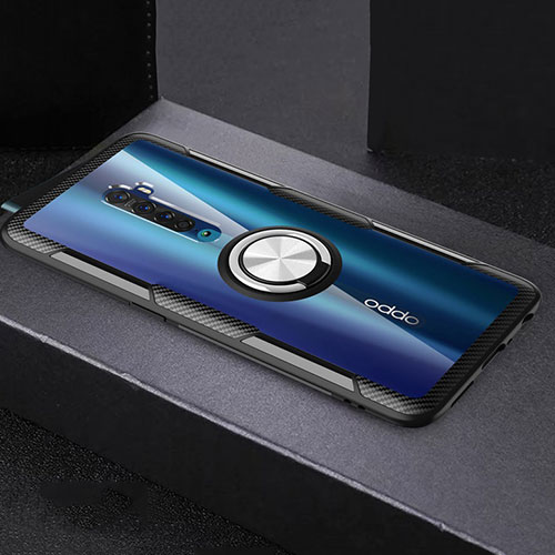 Ultra-thin Transparent TPU Soft Case Cover with Magnetic Finger Ring Stand S02 for Oppo Reno2 Silver and Black