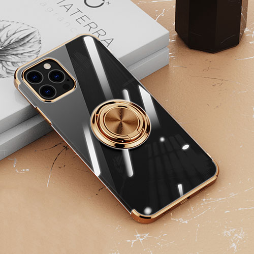 Ultra-thin Transparent TPU Soft Case Cover with Magnetic Finger Ring Stand Z02 for Apple iPhone 14 Pro Gold