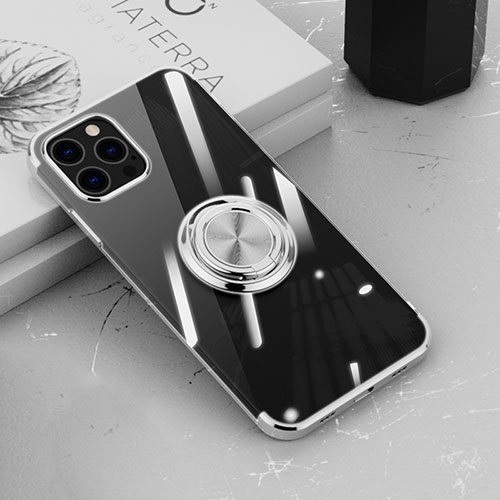 Ultra-thin Transparent TPU Soft Case Cover with Magnetic Finger Ring Stand Z02 for Apple iPhone 15 Pro Max Silver