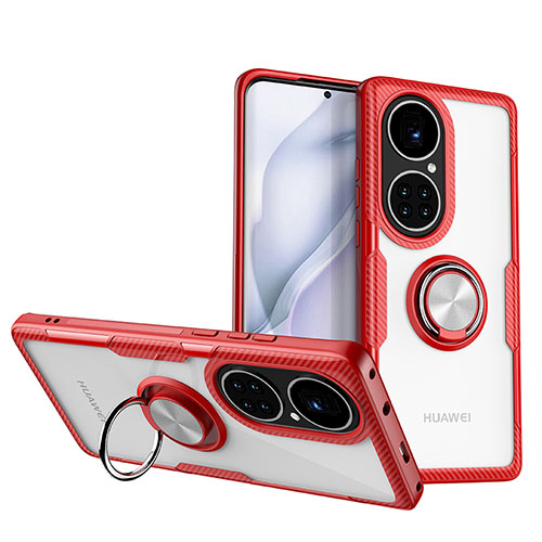 Ultra-thin Transparent TPU Soft Case Cover with Magnetic Finger Ring Stand ZL1 for Huawei P50 Red