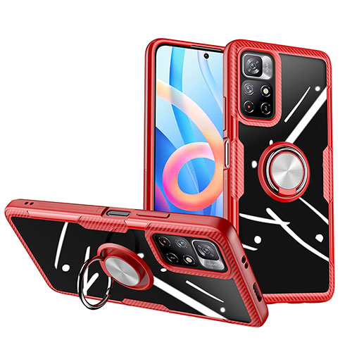 Ultra-thin Transparent TPU Soft Case Cover with Magnetic Finger Ring Stand ZL1 for Xiaomi Redmi Note 11 5G Red
