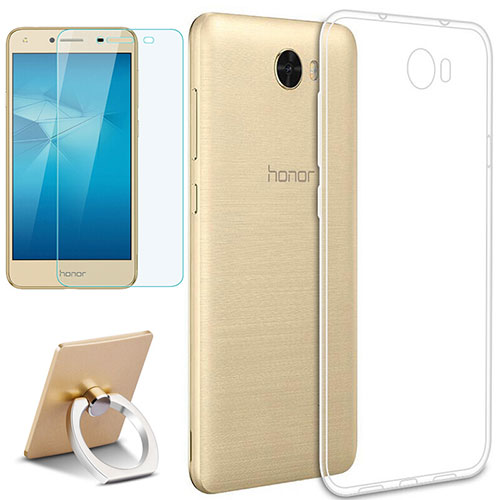 Ultra-thin Transparent TPU Soft Case with Finger Ring Stand and Screen Protector for Huawei Honor Play 5 Clear