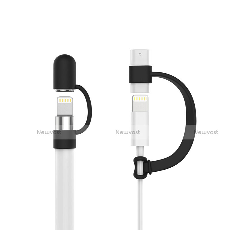 Cap Holder Cover Clip With Lightning Cable Adapter Tether Kits Anti-Lost for Apple Pencil Black