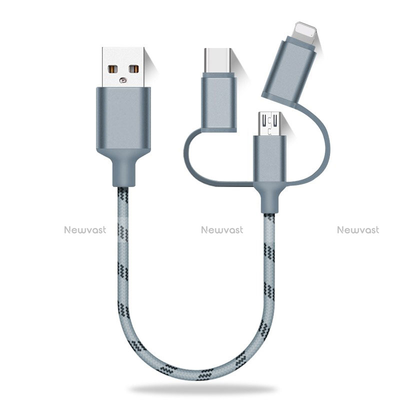 Charger Lightning USB Data Cable Charging Cord and Android Micro USB Type-C 25cm S01 Gray