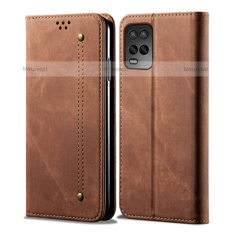 Cloth Case Stands Flip Cover for Oppo A54 4G Brown