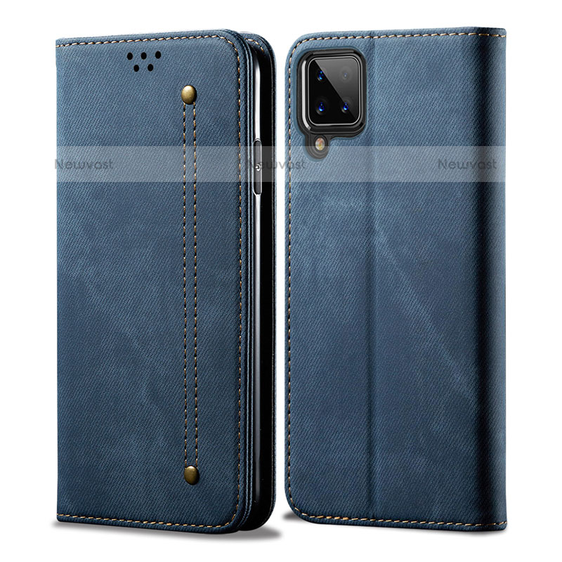 Cloth Case Stands Flip Cover for Samsung Galaxy F12 Blue