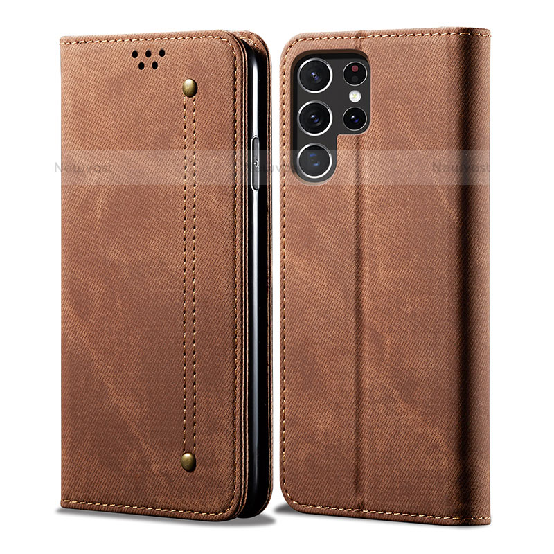 Cloth Case Stands Flip Cover for Samsung Galaxy S23 Ultra 5G Brown