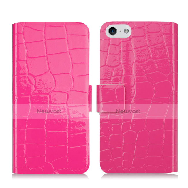 Crocodile Leather Stands Cover for Apple iPhone 5S Hot Pink